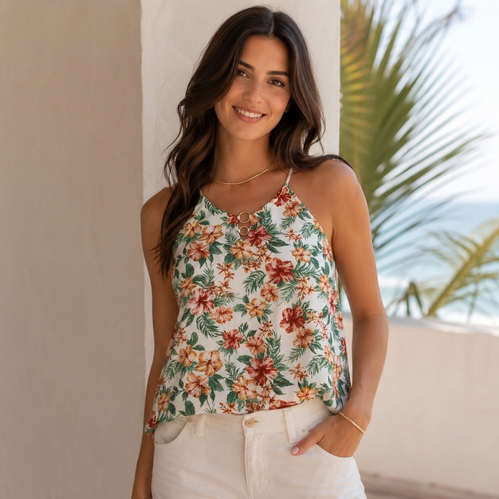 NWT C'est Cool Floral Halter Top‎ Tropical Hibiscus Keyhole Ring Accent L